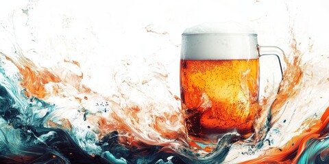 A Refreshing Brew: A frosted mug overflows with a golden, effervescent beverage, its frothy head contrasted by a dynamic swirl of colors, offering a visual treat for beer connoisseurs.