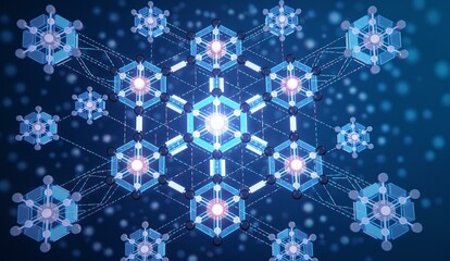 Interconnected Hexagonal Structures with Glowing Centers on a Blue Background