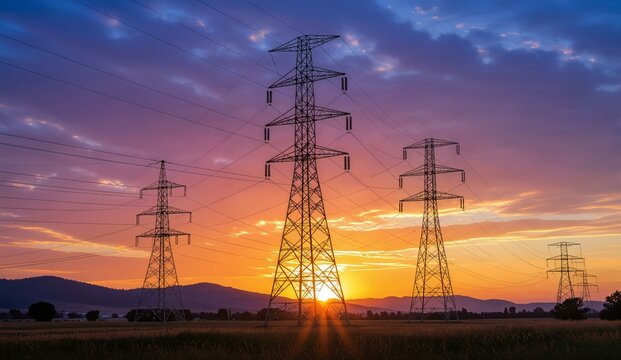 Electricity Pylons at Sunset with Vibrant Sky