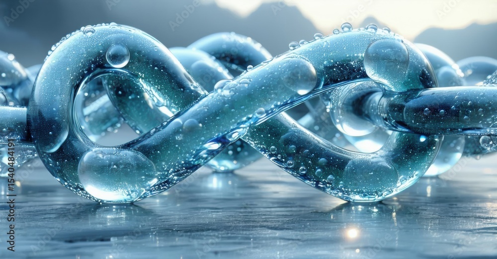 Poster water droplets cover translucent chain links. cool blue tones dominate image, creating sleek visual 