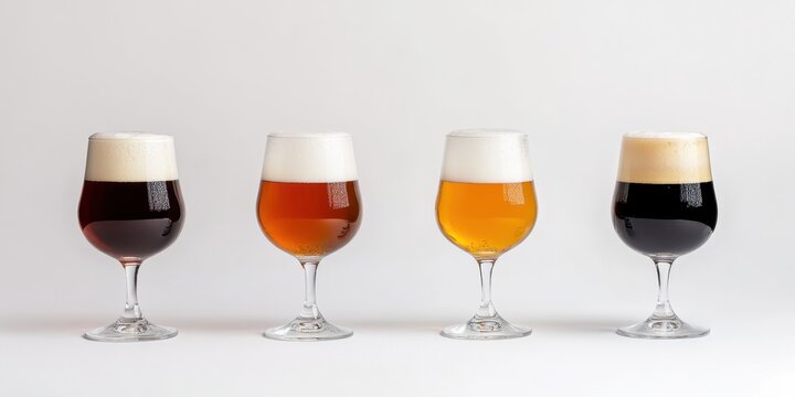 Tasting the Spectrum of Brews: a series of glasses, each elegantly showcasing a unique craft beer, from deep stout to pale ale, inviting the viewer into a world of flavor.