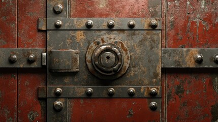 Fototapeta premium Rusty red metal door with old lock and rivets.