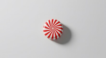 Single peppermint candy on white surface with perfect centered shadow, holiday minimalism 1