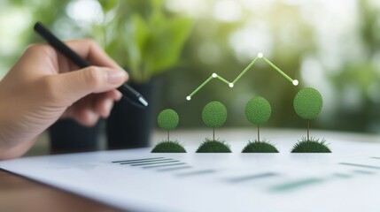 Rising Growth and Stability: A hand traces a upward trajectory on a financial chart, suggesting sustained growth. The depiction symbolizes business, economy, and investment success.