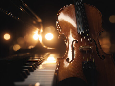 Close-up shot of a polished wooden violin resting gently on black-and-white piano keys