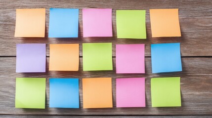 Vibrant array of fifteen colorful sticky notes neatly arranged in three rows on a rustic wooden surface with natural texture and bright hues.