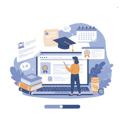 Modern flat vector about online education and graduation, featuring a student in front of a laptop with a graduation cap, certificate, and books. Transparent background design, ideal for e-learning an