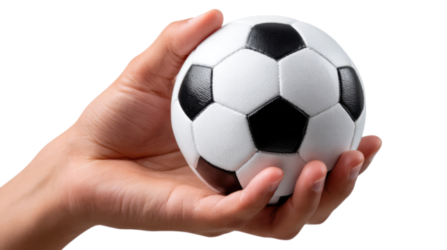 Hand Holding Soccer Ball: A close-up shot of a hand gently cradling a classic black and white soccer ball, symbolizing sport, leisure, and the anticipation of the game. - Powered by Adobe