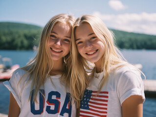 Vintage Portrait of Two American Teen Girls by a Lake – 4th of July Theme in Pastel Film Tones