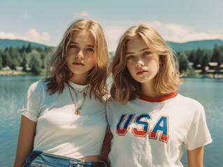 Vintage Portrait of Two American Teen Girls by a Lake – 4th of July Theme in Pastel Film Tones