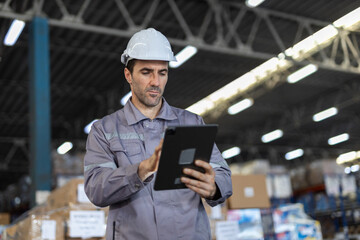 Warehouse manager worker  in safety gear is focused on a tablet, monitoring inventory while...