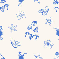 Seamless pattern with striped bikini, flip flops, tropical cocktails, hibiscus flowers, and starfish on light background. Summer vacation and beach fashion concept. Flat lay composition