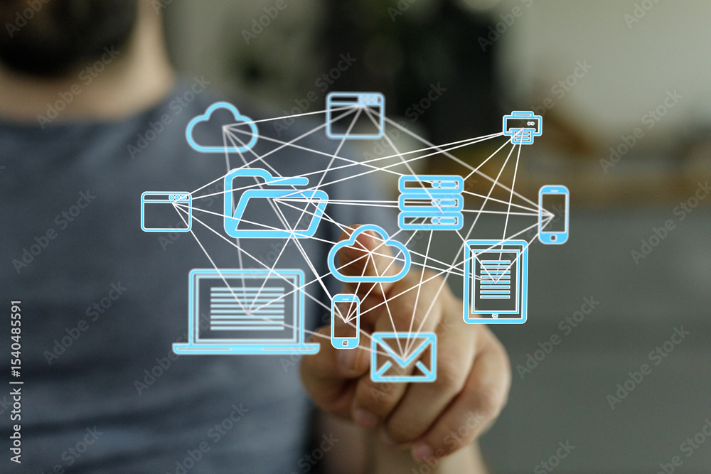 Poster Man interacts with a digital network, showcasing cloud computing, data storage, and file sharing.