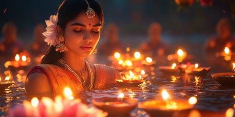 Indian Woman Immersed in Water Surrounded by Floating Lit Clay Oil Lamps