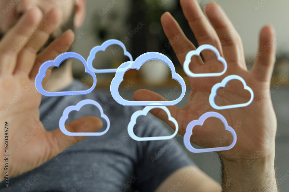 Poster Person visualizing cloud technology, data storage, and network concepts.