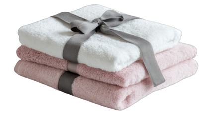 Two stacked bath towels, white and pink, tied with a gray ribbon