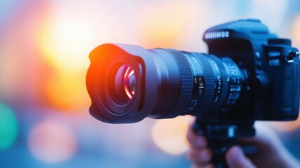 Camera Focus: A close-up view of a professional camera with lens set in focus, capturing the vibrant world in beautiful detail, perfect for photography enthusiasts and professionals alike.