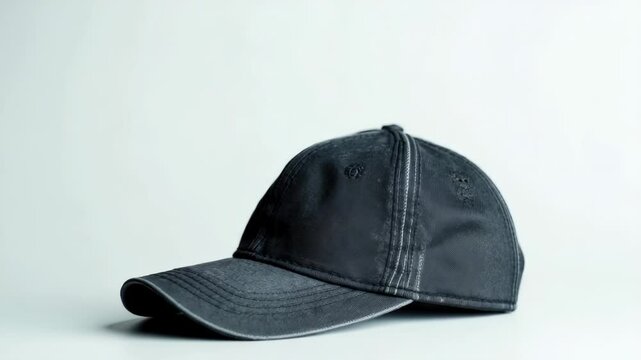 A black baseball cap resting on a clean white surface