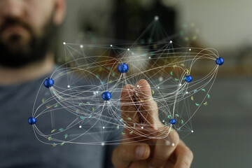 Abstract image depicting a person interacting with a digital network, showcasing connectivity and...