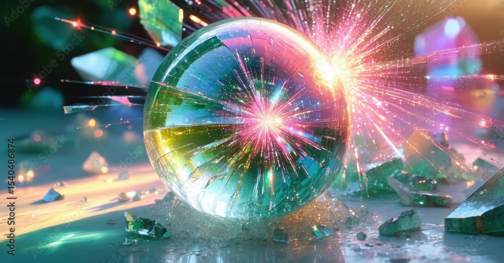 Poster bright sphere explodes, scattering crystal fragments. vivid colors radiate outward, creating dynamic