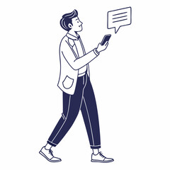 Walking man using smartphone messaging app clean cutout