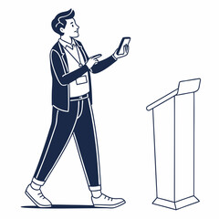 Professional speaker using smartphone near podium on white background