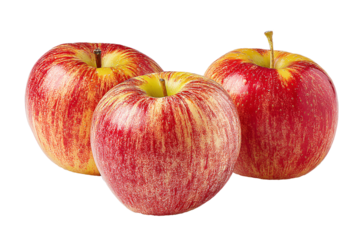 Three ripe red and yellow striped apples isolated on transparent background