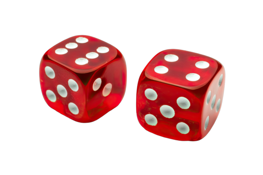 Two red dice, showing numbers, isolated on black