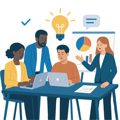 Modern flat vector of a business team discussing and sharing ideas at a meeting table with laptops and a presentation chart. Transparent background design, ideal for collaboration and innovation.