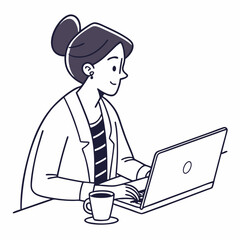 Woman working on laptop coffee break design element