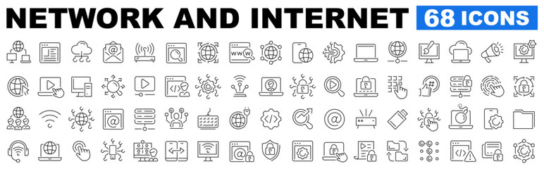 Network and Internet 68 icon set. Online, computer, network, website, server, web design, hardware, software, programming, internet and more. Editable stroke. Vector illustration