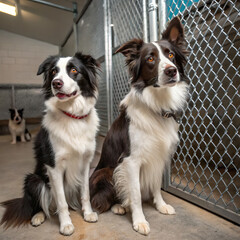 Two Border Collie Dogs Sitting in Kennel at Animal Shelter with Focused Expressions

