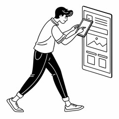 Young man using tablet to design website layout