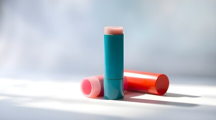 Three lip balms in vibrant colors on a white background, depicted in a soft, dreamy atmosphere with hazy light, mystic enchantment, gentle color contrasts, and an ethereal quality 