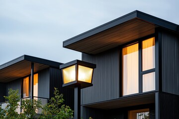 Modern architectural design of a stylish home with glowing windows and elegant street lamp at twilight