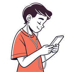 Boy listening music smartphone earbuds happy