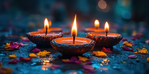 Glowing Clay Oil Lamps Lit with Flames and Scattered Colorful Flower Petals