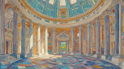 Obraz premium Interior of historic rotunda with colorful light and intricate columns, evoking sense of wonder
