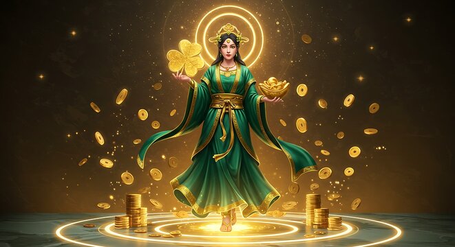 illustration of a goddess of luck with powerfull effect visual rich and shine vector art