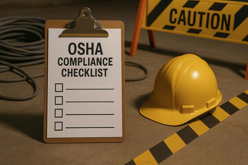 OSHA compliance checklist on clipboard with yellow safety helmet and caution sign on industrial floor, emphasizing workplace safety and hazard prevention