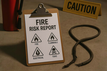 Fire risk report on clipboard with caution sign and damaged electrical cable on floor, highlighting fire, flammable, electrical, and toxic hazards in workplace safety environment