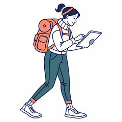 Walking woman using tablet backpack travel illustration