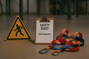 Safety audit clipboard with fall protection text, safety harness with orange and blue straps, and caution sign on industrial floor, emphasizing workplace safety and prevention