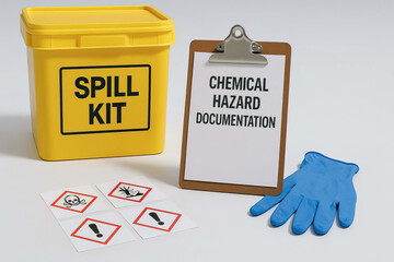Chemical hazard documentation on clipboard with blue protective glove, yellow spill kit container, and hazard warning symbols for safety and emergency response
