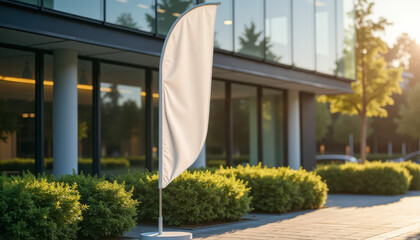 Flag banner mockup. Blank curved banner near business office entrance