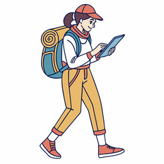 Hiking woman using tablet, clean cutout, transparent background