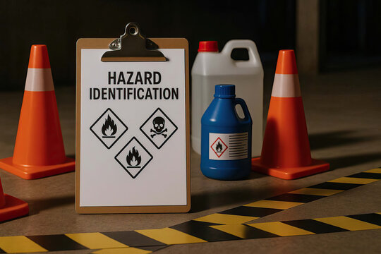 Hazard identification clipboard with warning symbols and chemical containers surrounded by safety cones and caution tape, emphasizing workplace safety and risk awareness