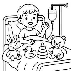 Happy Child Patient in Hospital Bed with Toys Coloring Page - Recovery and Comfort