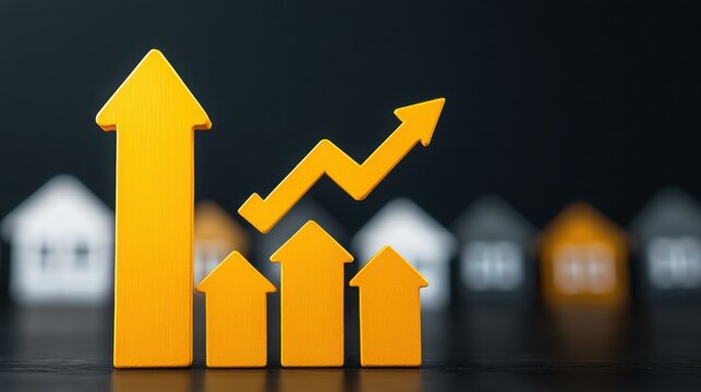 Rising Real Estate Trends: An eye-level shot captures a vibrant yellow arrow rising above miniature house models against a dark background, evoking a sense of growth and optimism.