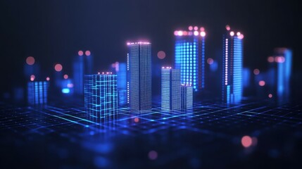 Cyber Cityscape: A futuristic cityscape glows with neon lights, representing technological advancement and urban innovation, with an emphasis on future development.